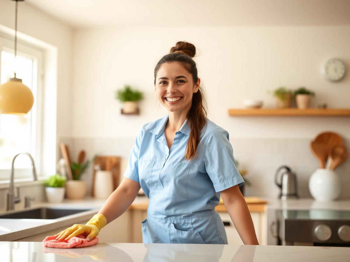 Background-checked My Simple Cleaning team member wiping down a kitchen counter in Westlake, OH